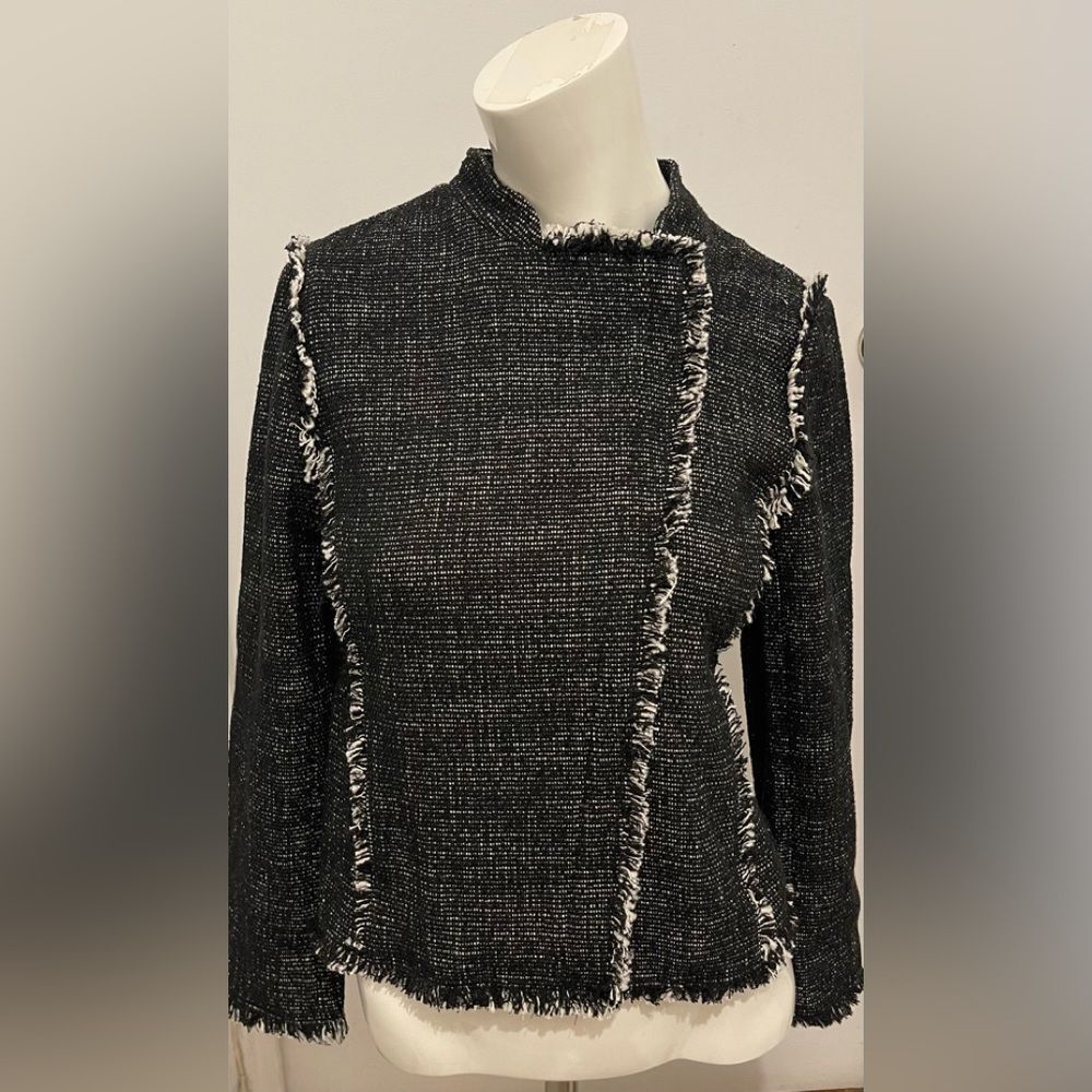 New Ann Taylor Black Tweed Fringe Asymmetrical Zip Moto Jacket Blazer - Picture 4 of 9
